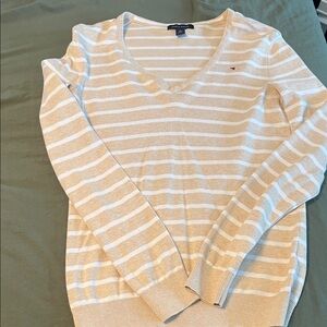 Tommy Hilfiger Beige and White V-Neck Sweater